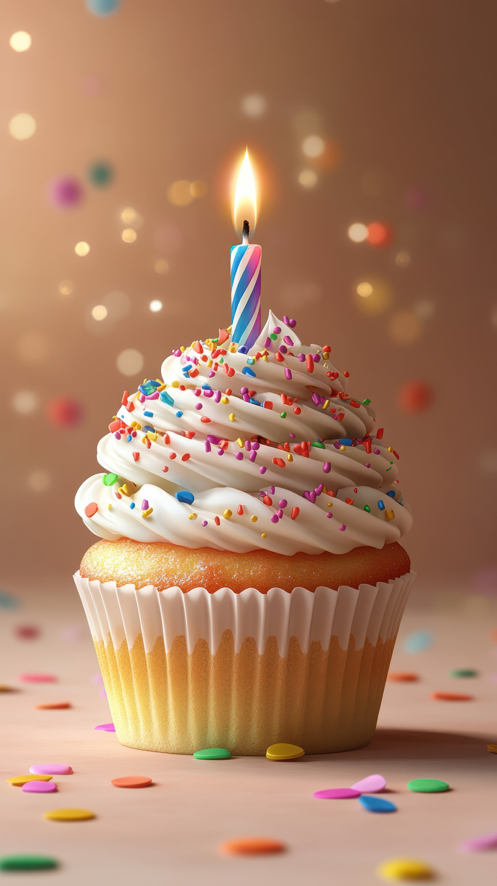 Festive birthday cupcake with sprinkles and candle illuminating the celebration atmosphere